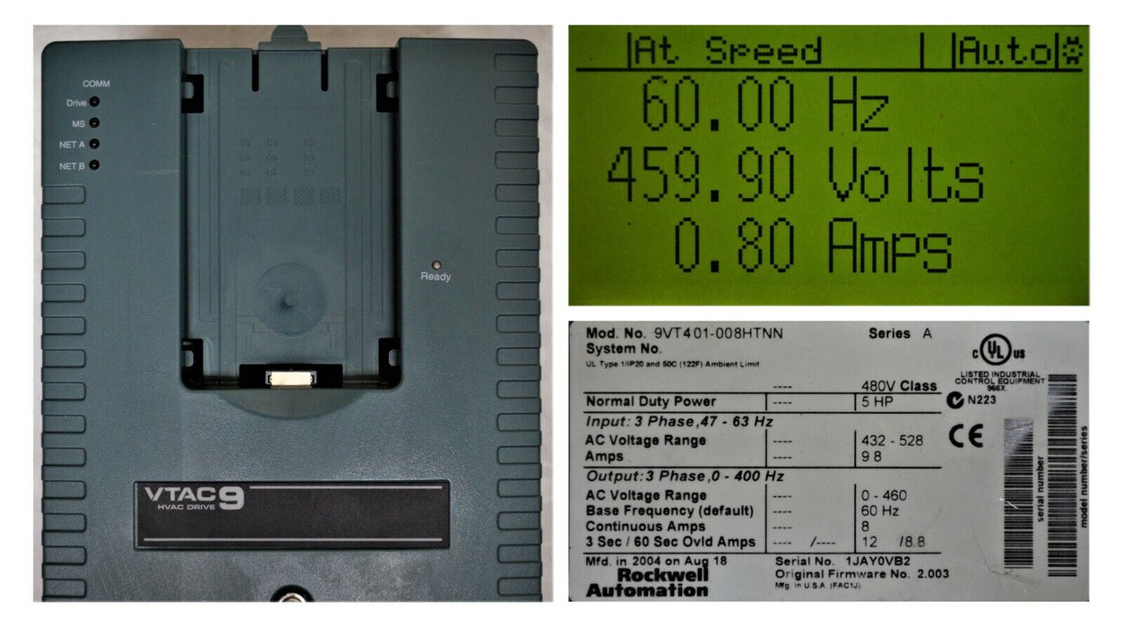 VTAC HVAC Rockwell Automation 5HP, 9VT401-008HTNN 480 VAC Ver. 2.003 Tested Good