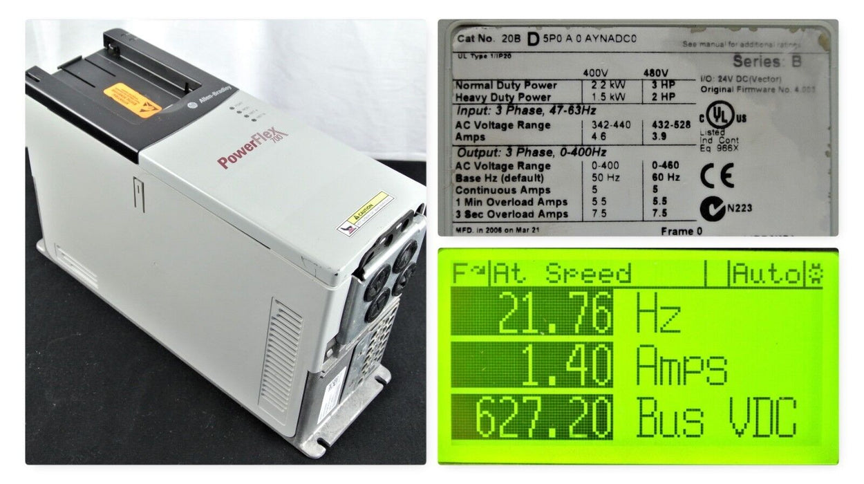 Allen-Bradley PowerFlex 700 20BD5P0A0AYNADC0 3 HP SER B, 480 V | Tested Good