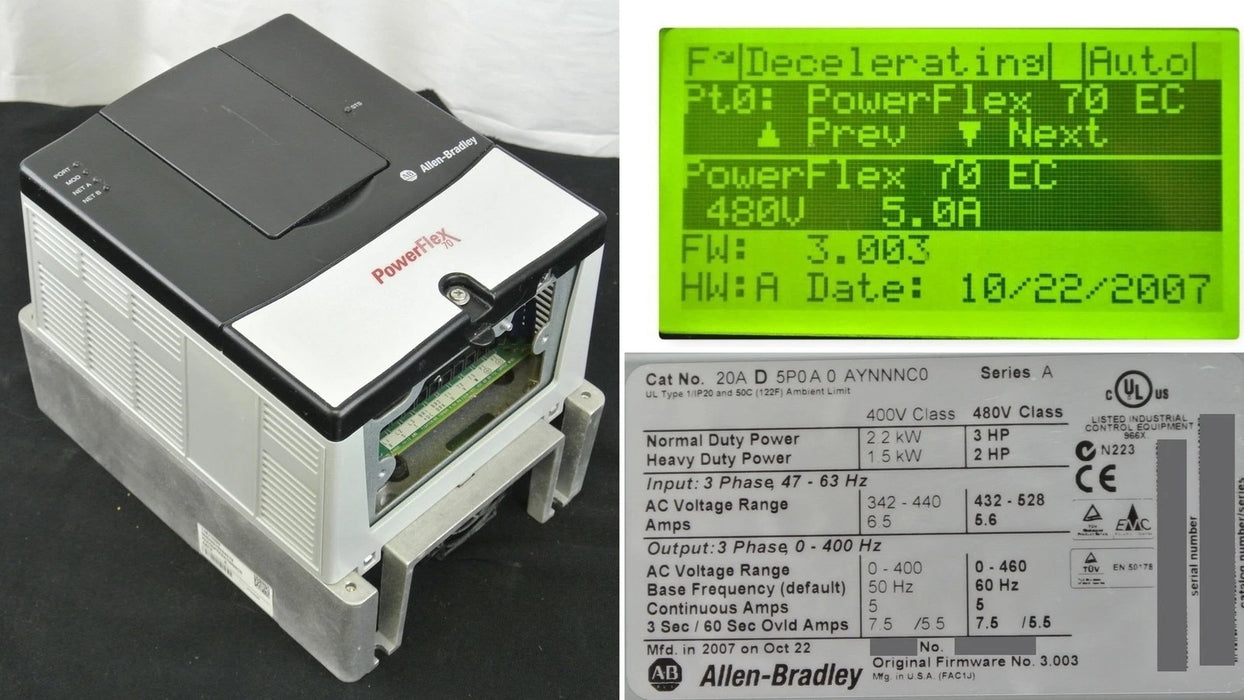Allen-Bradley 20AD5P0A0AYNNNC0 PowerFlex 70 3HP 480VAC Clean Tested Good