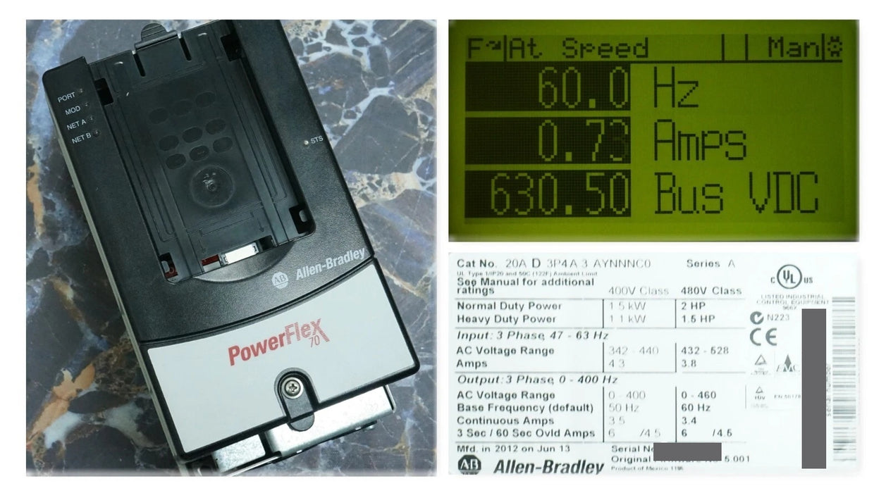 Allen-Bradley PowerFlex 70 2 HP 20AD3P4A3AYNNNC0 480 VAC Tested Clean