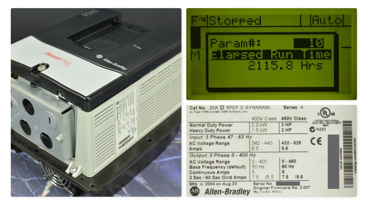 Allen-Bradley PowerFlex 70 3 HP 20AD5P0F0AYNNNNN 480 VAC Tested Good  FRN 2.009*