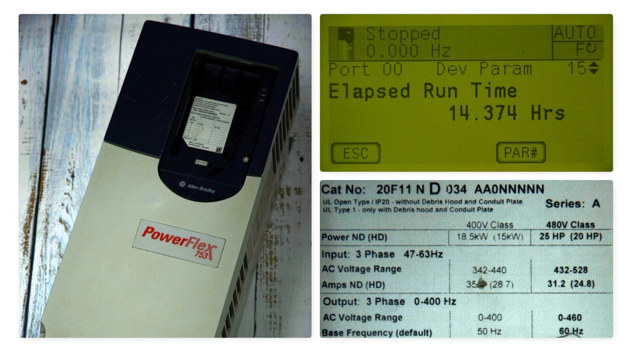 Allen-Bradley 20F11ND034AA0NNNNN PowerFlex 753 Low Hour 25HP FRN:7.001 Tested