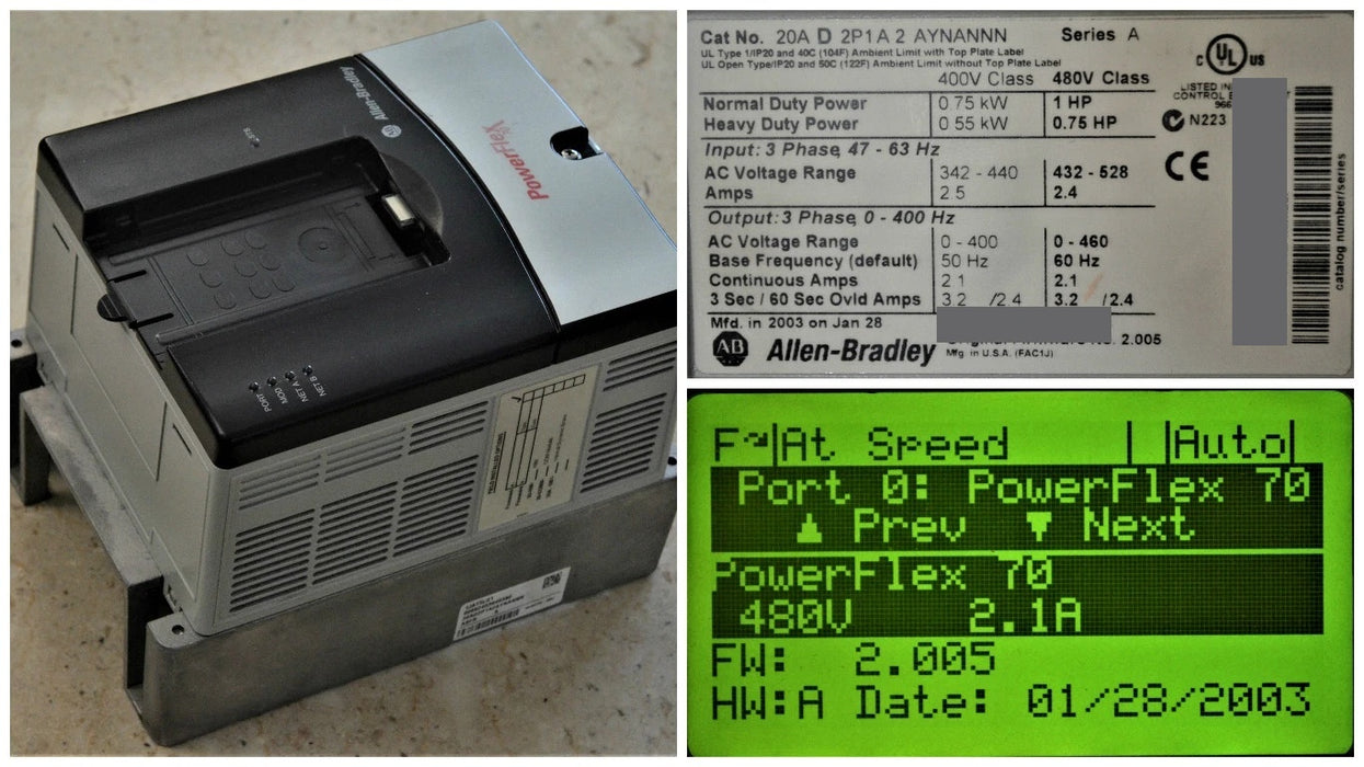 Allen-Bradley PowerFlex 70 1 HP 20AD2P1A2AYNANNN 480VAC FRN: 2.005 Tested Good*