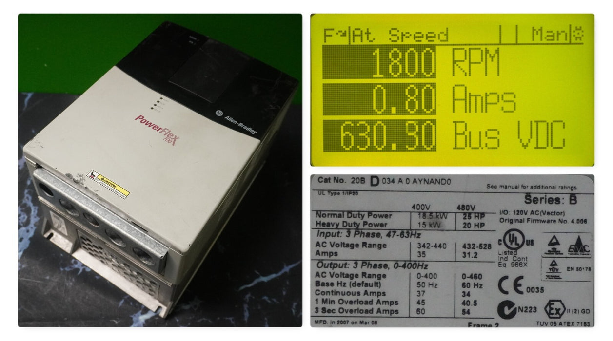 Allen-Bradley 20BD034A0AYNAND0 PowerFlex 700 25HP 480VAC Tested Good FRN:4.006