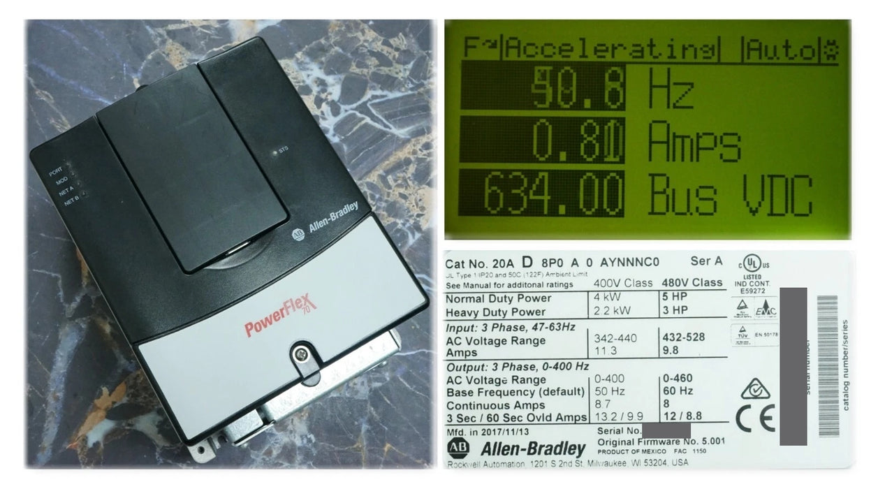 Low Hours Allen-Bradley POWERFLEX 70 5 HP 20AD8P0A3AYNNNNC0 Series A FRN: 5.001