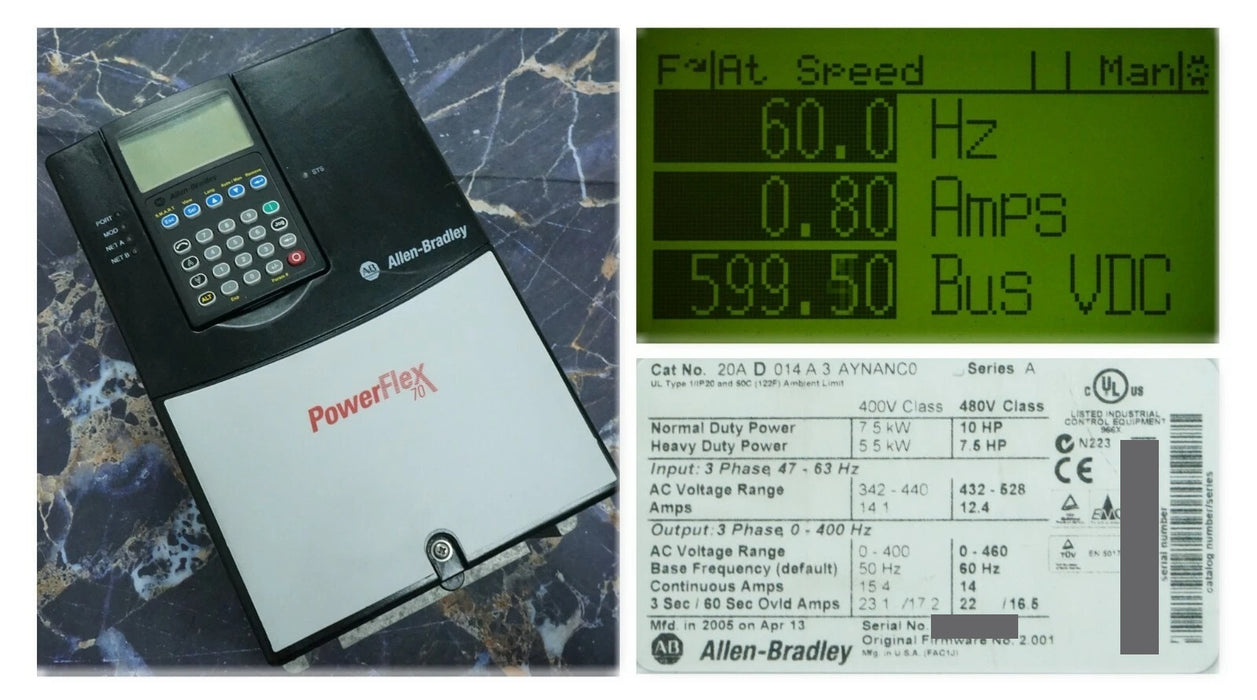 Allen-Bradley 20AD014A3AYNANC0 PowerFlex 70 10HP 480 VAC FRN:2.001 Tested Good