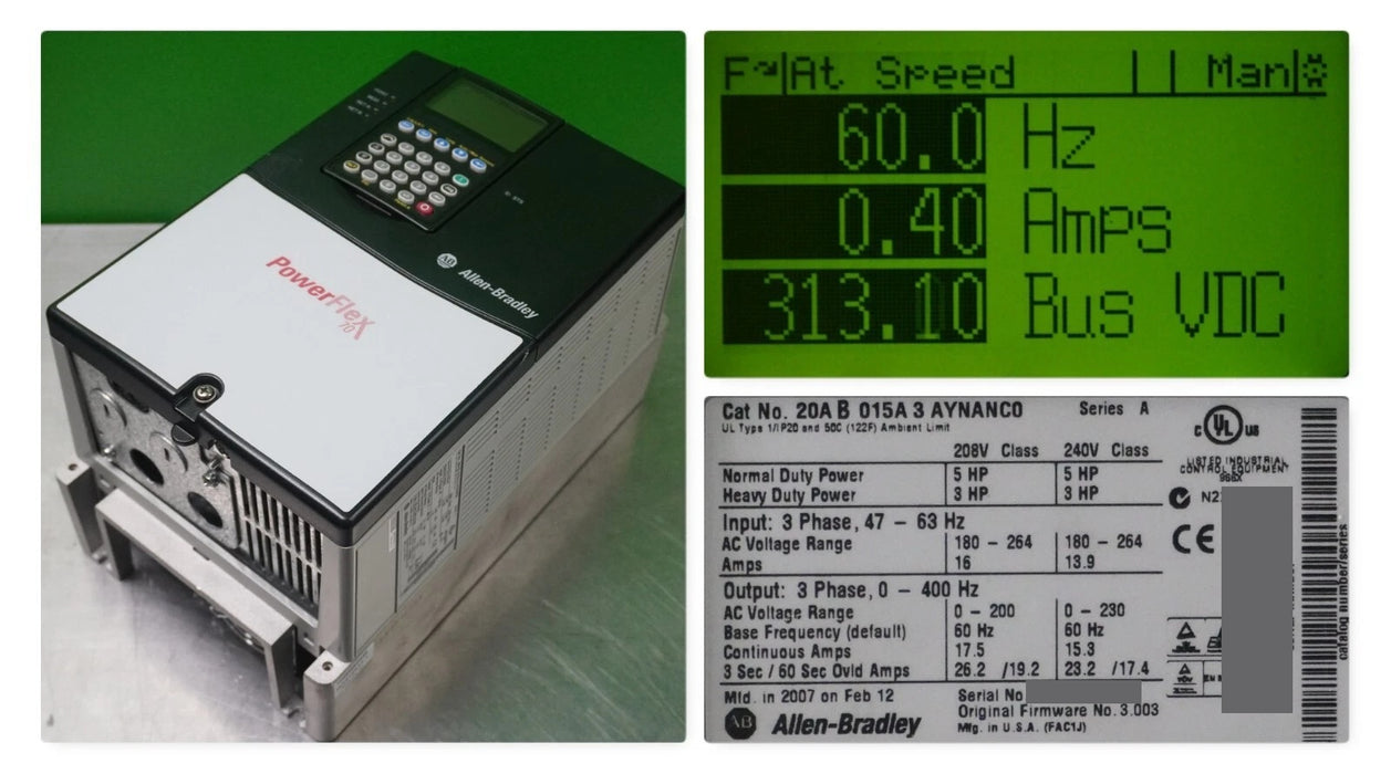 Low Hours Allen-Bradley PowerFlex 70 5HP 20AB015A3AYNANC0 240VAC FRN:3.003