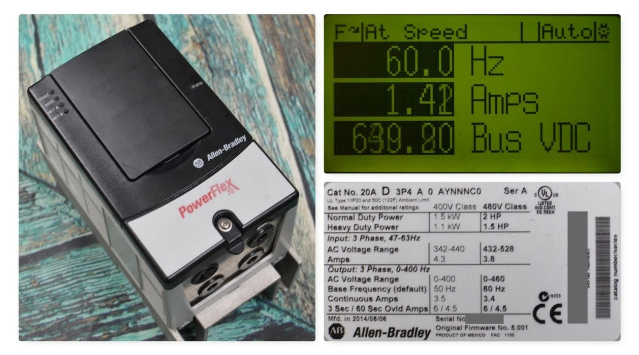Allen-Bradley PowerFlex 70  20AD3P4A0AYNNNC0 /A 2 HP, 480 VAC, 3.4 AC Drive 2014