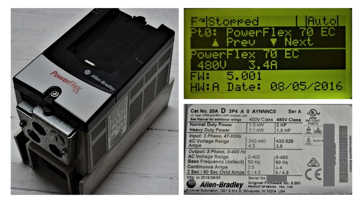 Allen-Bradley 20AD3P4A0AYNNNC0 PowerFlex 70 2 HP 480VAC FRN:5.001 2016 Low Hours