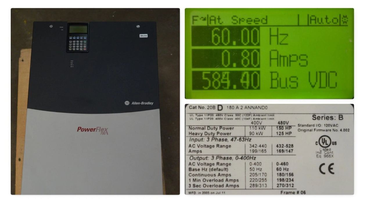 Allen-Bradley 20BD180A2ANNAND0 PowerFlex 700 150HP Series B LOW HOURS Drive VFD