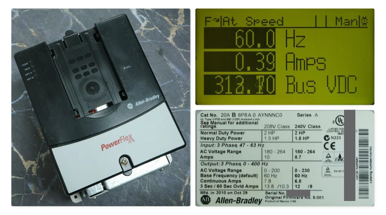 Allen-Bradley PowerFlex 70 2HP 20AB6P8A0AYNNNC0 FRN:5.001 Tested Good