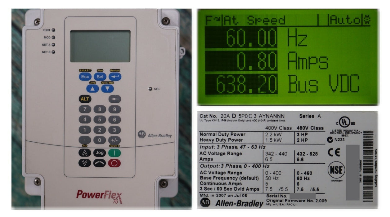 Allen-Bradley 20AD5P0C3AYNANNN PowerFlex 70 3 HP Series A Tested Good FRN:2.009