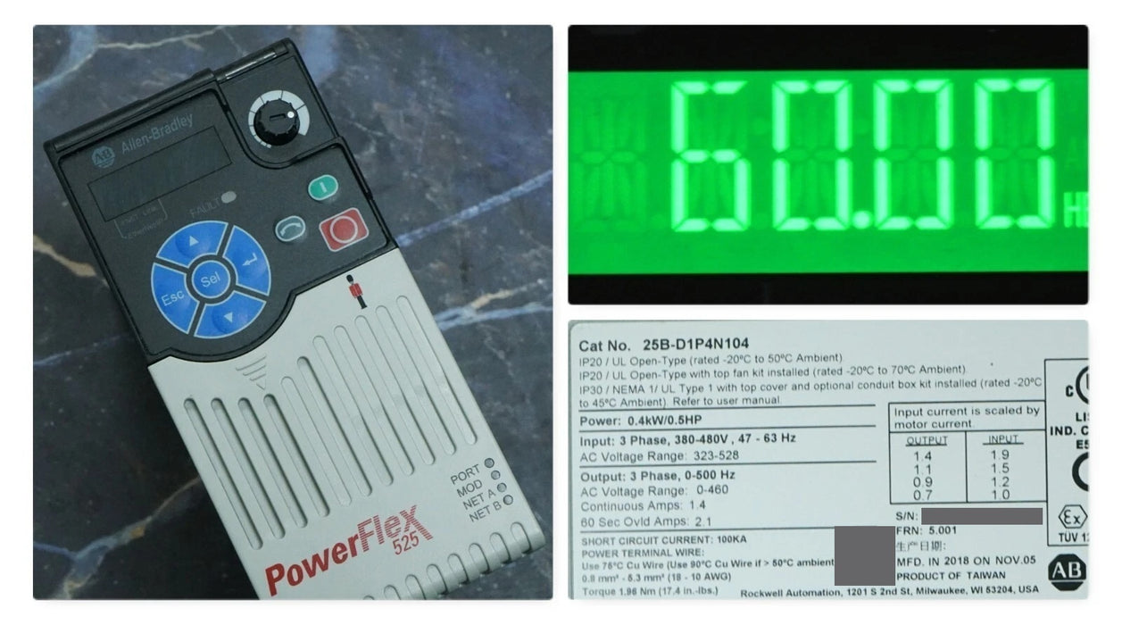 Allen-Bradley 25B-D1P4N104 PowerFlex 525 Low-Hr 1/2HP Series A FRN:5.001 Tested