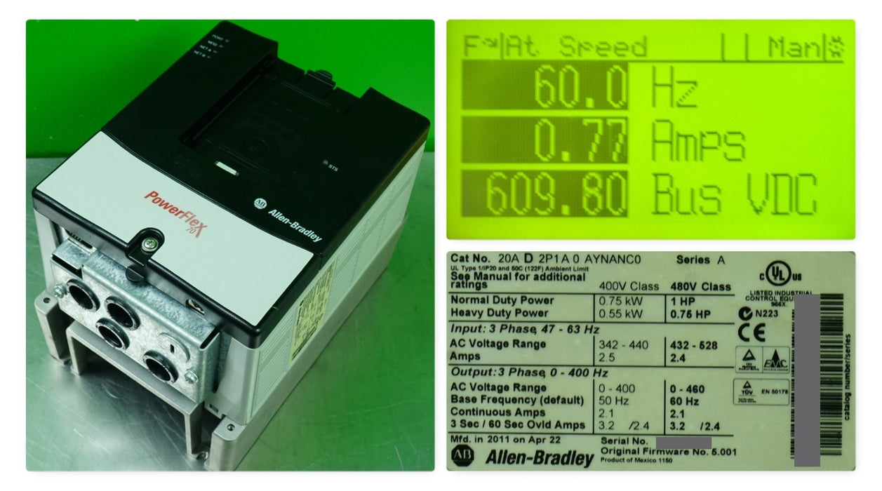 Allen-Bradley 20AD2P1A0AYNANC0 PowerFlex 70 1HP 480V FRN:5.001 Tested Good