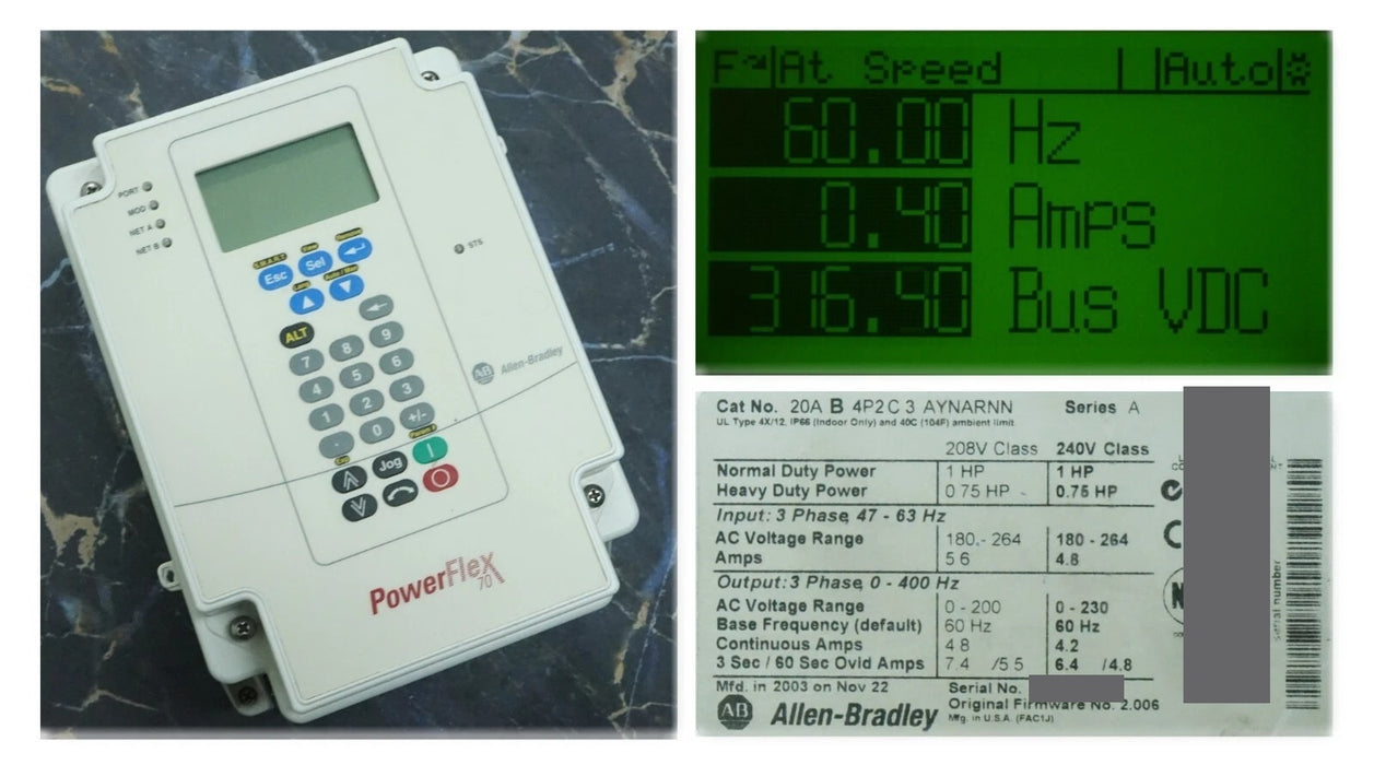 Allen-Bradley PowerFlex 70 1 HP 20AB4P2C3AYNARNN Tested Good FRN:2.006