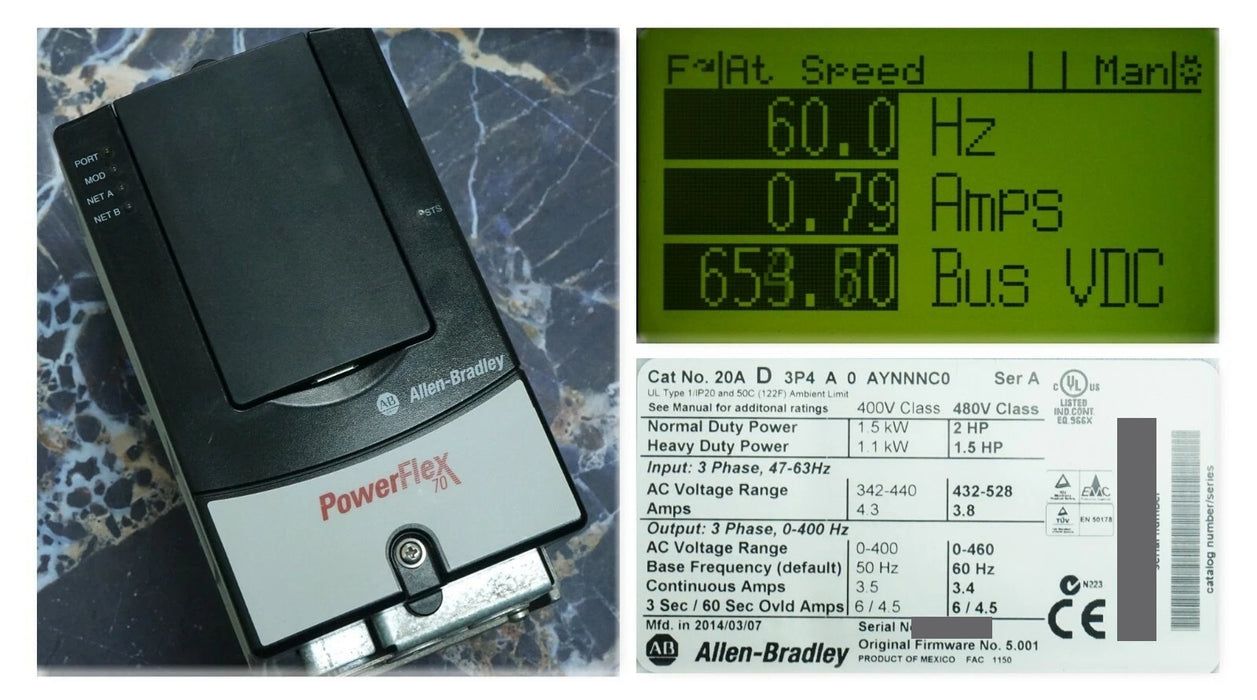 Zero Hr Allen-Bradley PowerFlex 70 2HP 20AD3P4A0AYNNNC0 480 VAC FRN:5.001 Tested