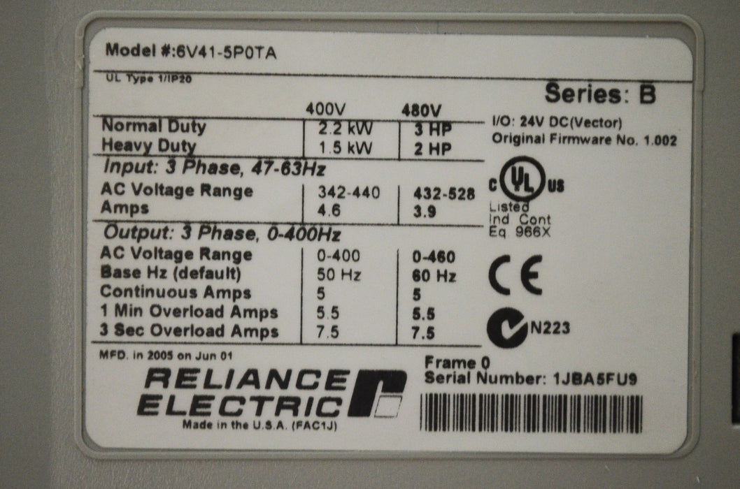 RELIANCE ELECTRIC GV6000 6V41-5P0TA 3 HP 480 VAC 1.003 Tested Good
