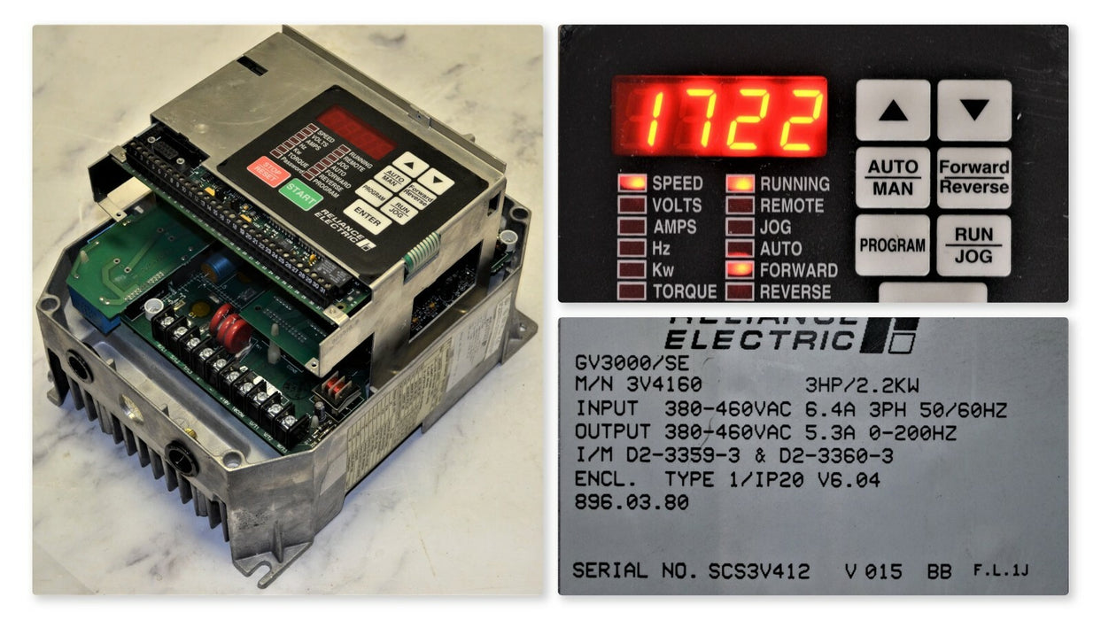 RELIANCE ELECTRIC GV3000 3 HP 3V4160 VER 6.04 INVERTER TESTED GOOD NO COVER