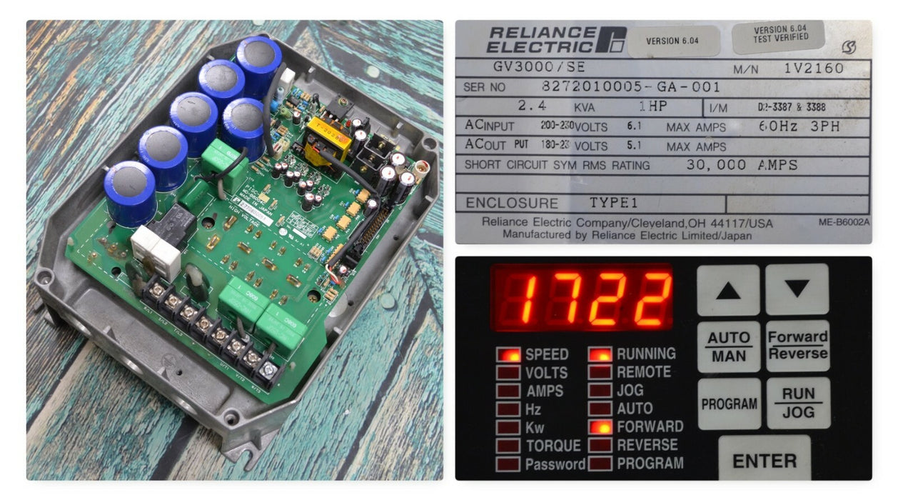 Reliance Electric GV3000 1 HP 1V2160 Vector Inverter 230 VAC Tested Power Supply