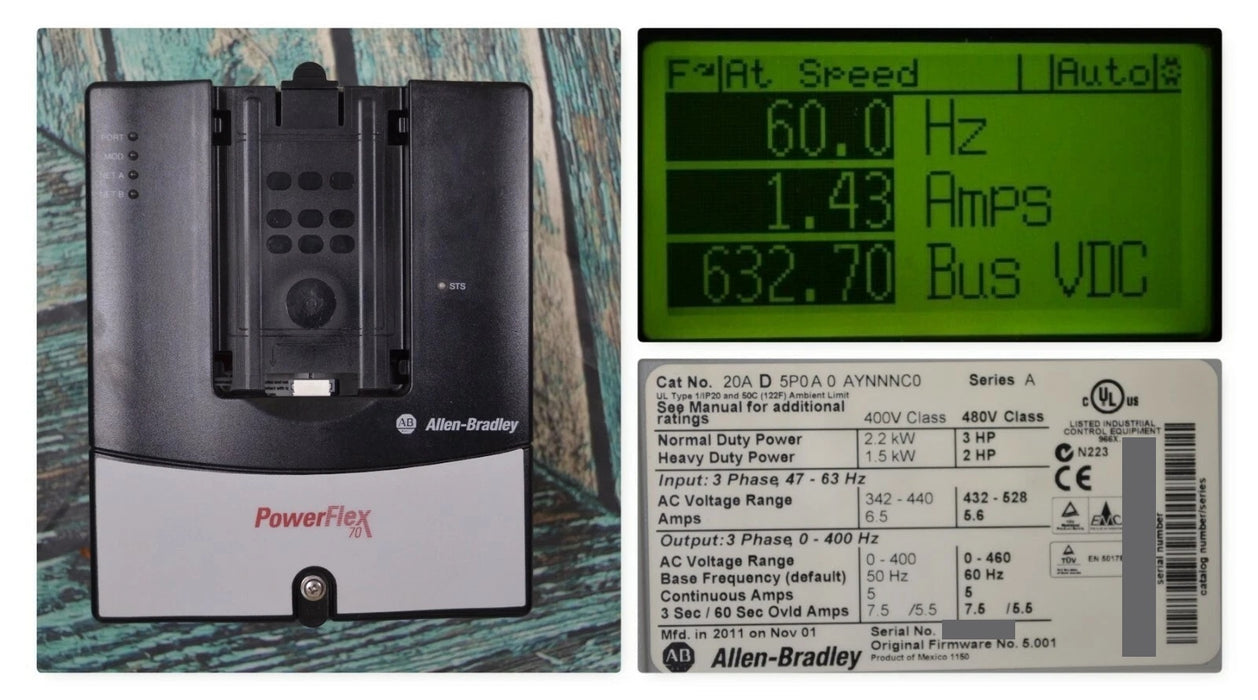 Allen-Bradley PowerFlex 70 3 HP 20AD5P0A0AYNNNC0 480VAC Tested Good Low Hours