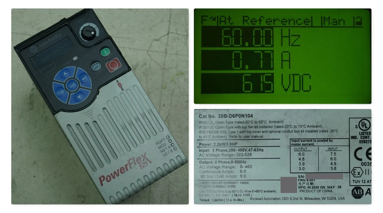 Low Hr 2020 Allen Bradley 25B-D6P0N104 3HP Powerflex 525 Series A FRN:6.001