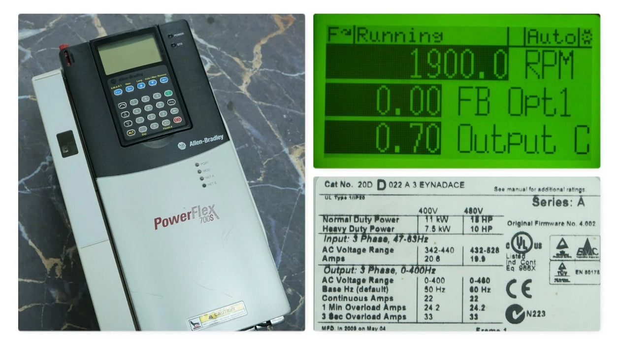 Allen-Bradley 20DD022A3EYNADACE PowerFlex 700S Ser A 15 HP AC Drive FRN:4.002