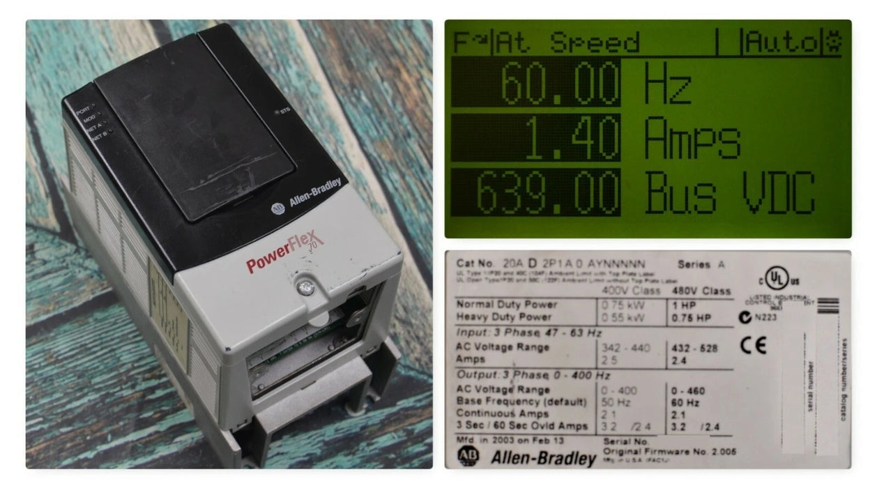 Allen-Bradley PowerFlex 70 20AD2P1A0AYNNNNN Ser.A 1 HP 2.005 2.1 Amps AC Drive