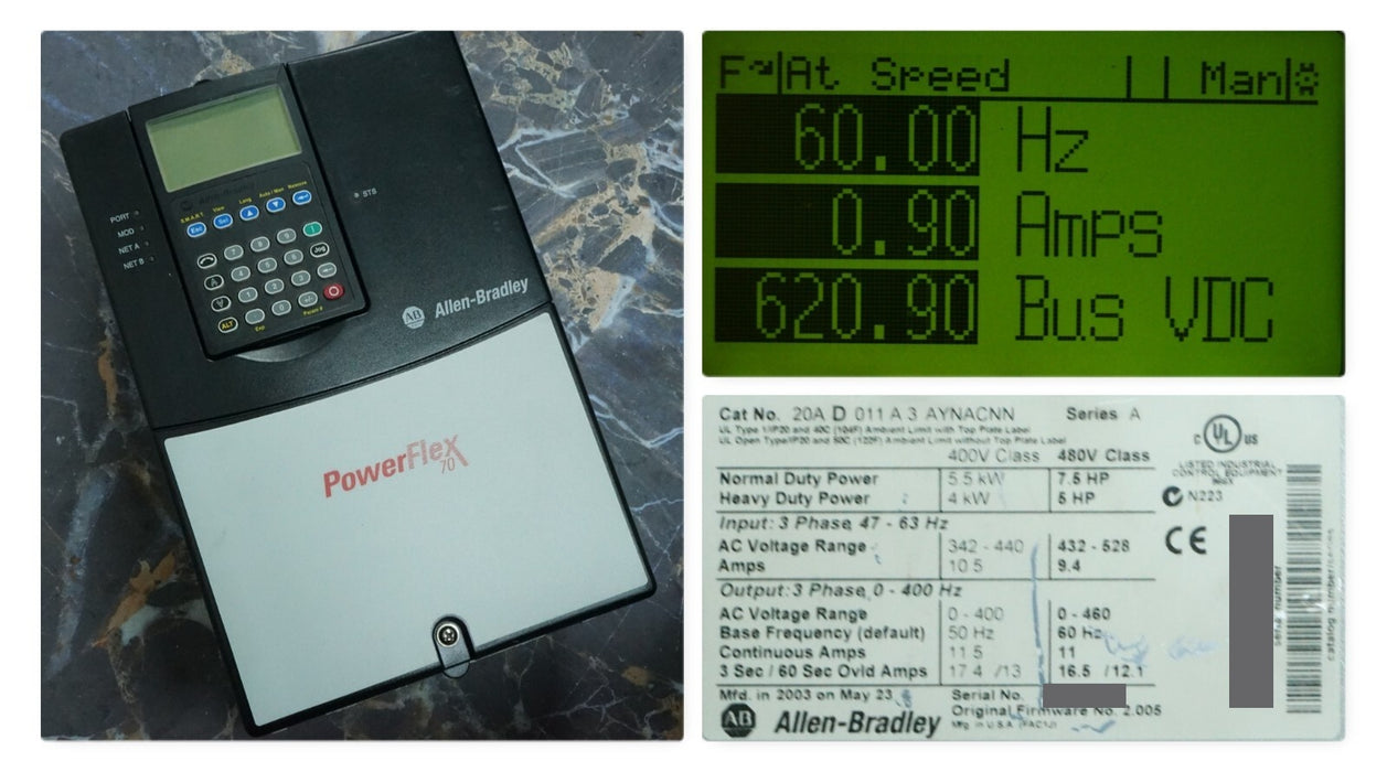 Allen-Bradley 20AD011A3AYNACNN PowerFlex 70 7.5 HP 480VAC Series A FRN:2.005