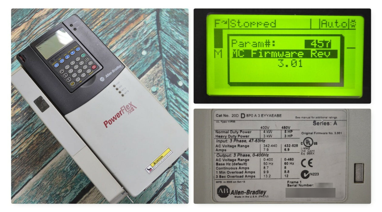 Allen-Bradley 20DD8P0A3EYYAEABE PowerFlex 700S Drive 5HP Series A Tested Good