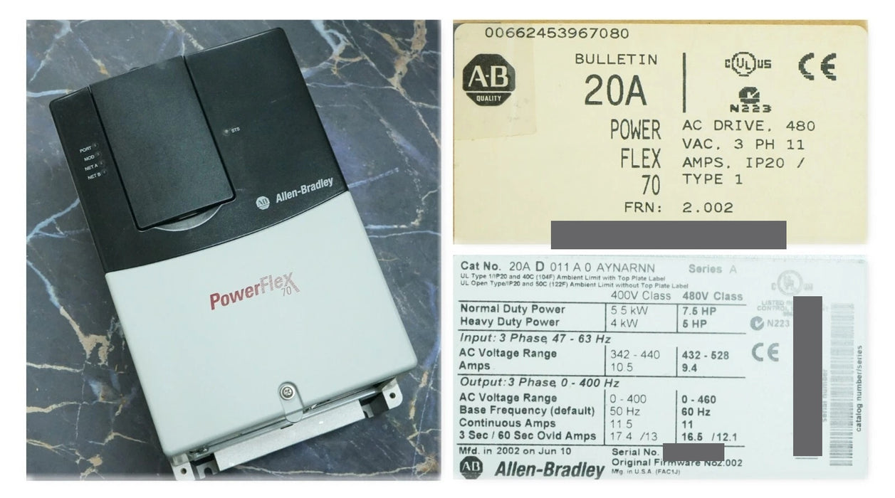 Allen-Bradley 20AD011A0AYNARNN PowerFlex 70 7.5HP 480 VAC FRN:2.002