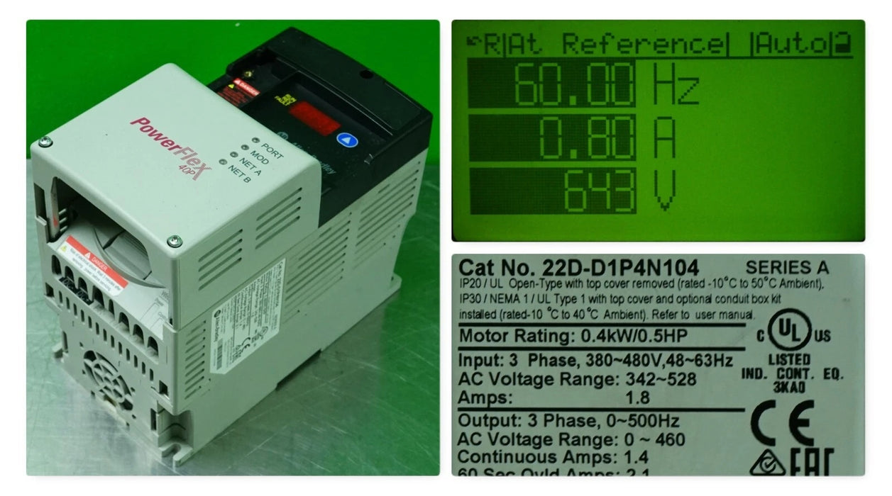 Allen-Bradley 22D-D1P4N104 PowerFlex 40P 1/2HP 2015 Tested Good FRN:2.01