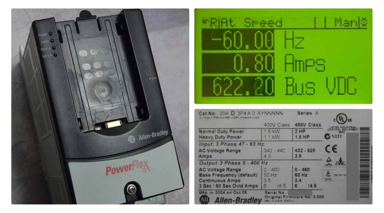 2004 Allen-Bradley PowerFlex 70 2 HP 20AD3P4A0AYNNNNN 480 VAC 3.4 Amp FRN 2.008