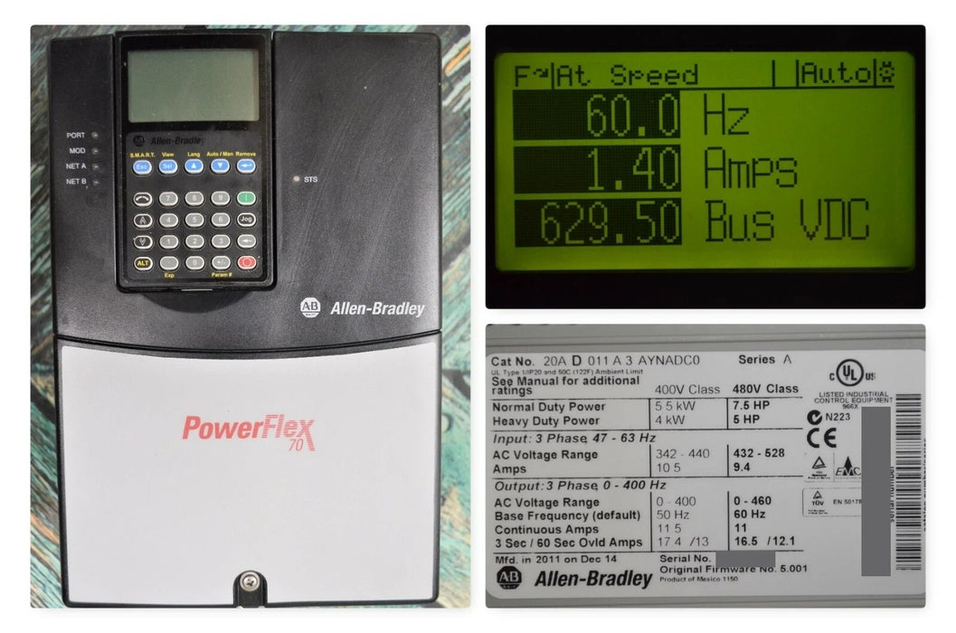 Allen-Bradley 20AD011A3AYNADC0 PowerFlex 70 VFD 7.5 HP 480 VAC 3 PH