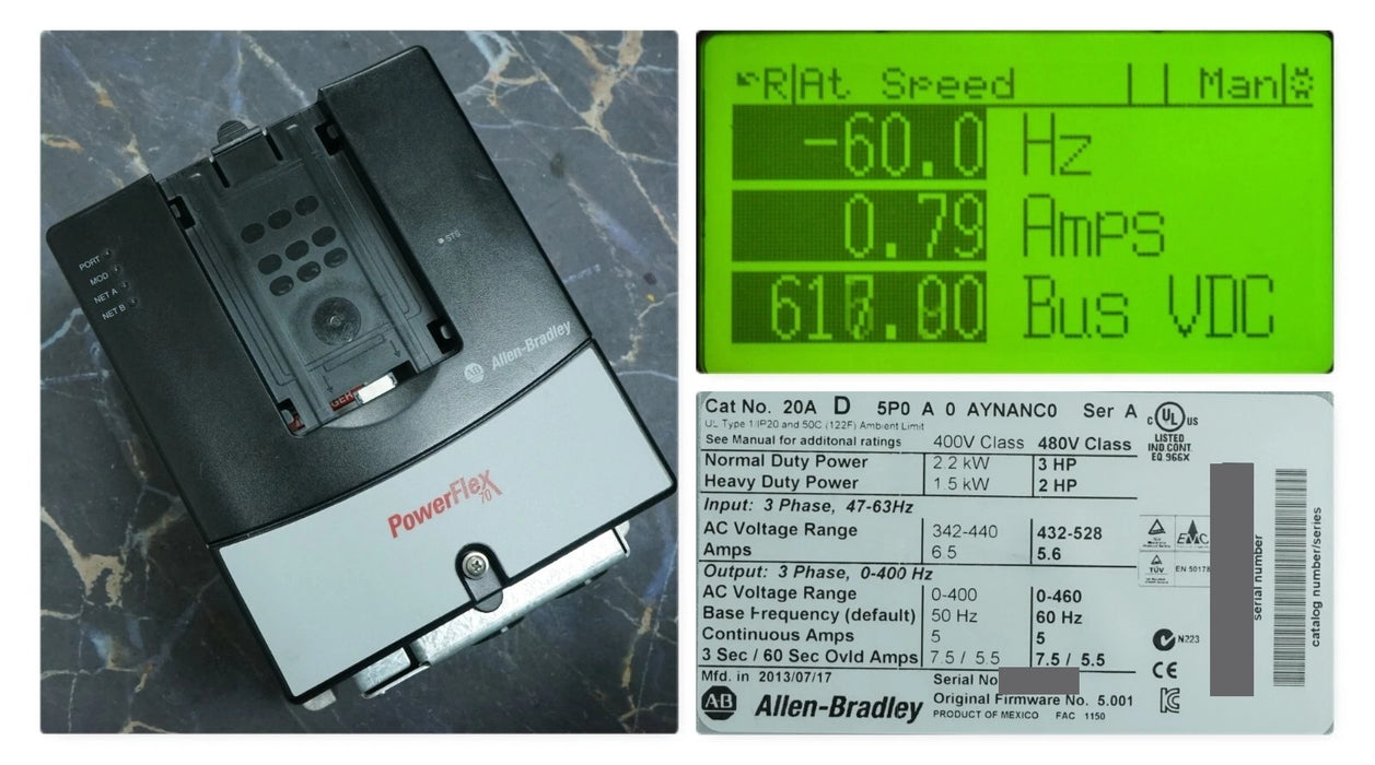 Allen-Bradley PowerFlex 70 3HP 20AD5P0A0AYNANC0 Series A Tested Good FRN:5.001
