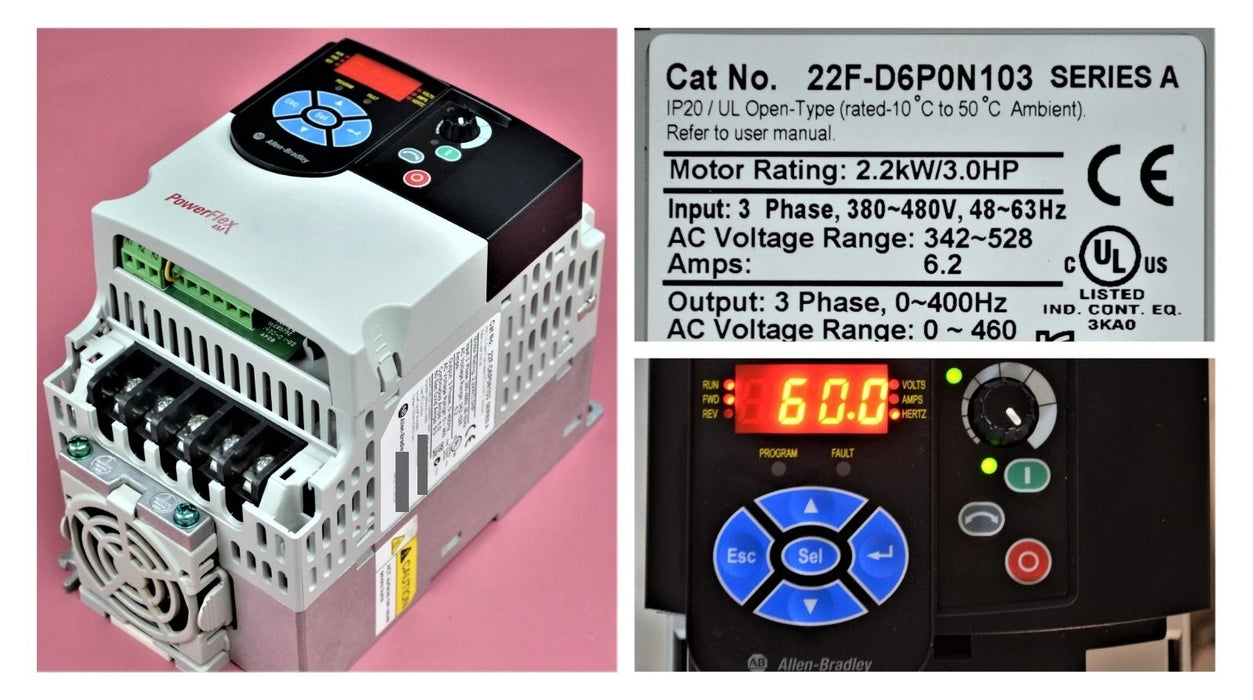 Allen-Bradley 22F-D6P0N103 PowerFlex 4M 3HP FRN 2.02 Tested Good Broke Mtg Foot