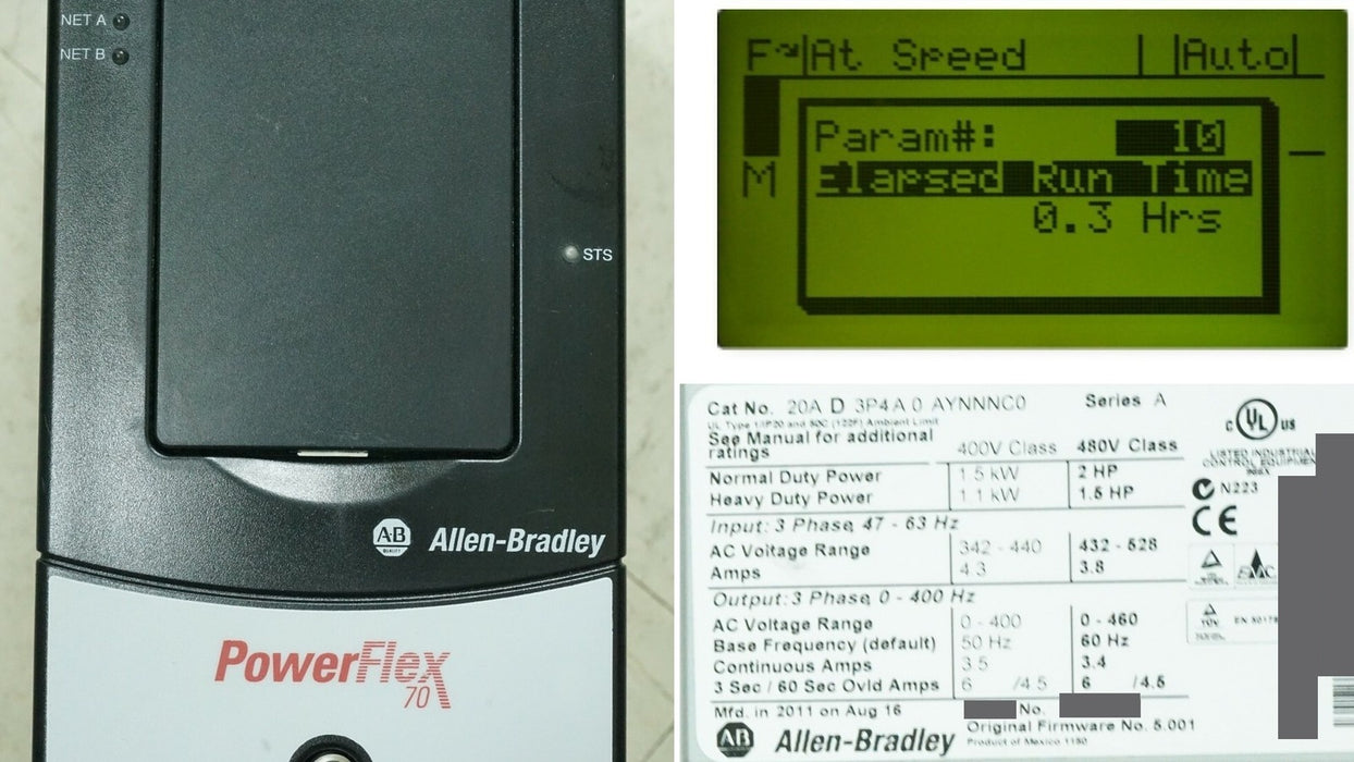 Allen-Bradley 20AD3P4A0AYNNNC0 PowerFlex 70 2HP Low Hours Tested Good FRN:5.001