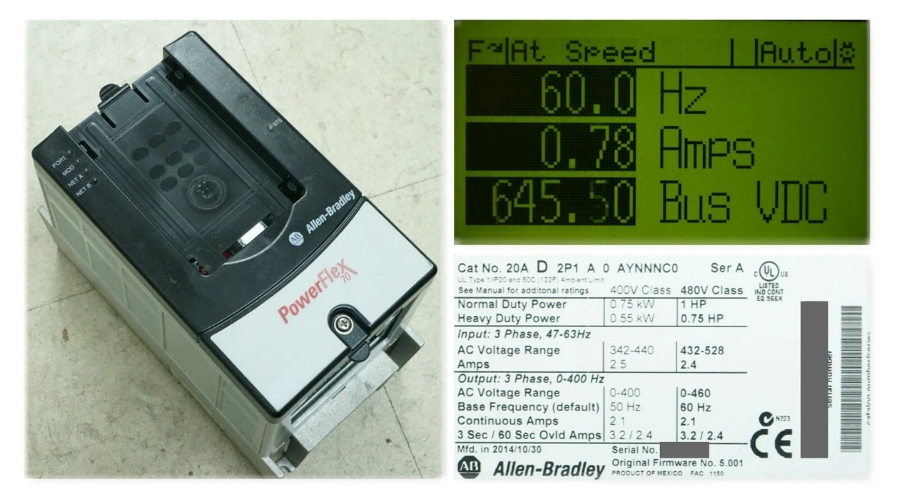 Allen-Bradley 20AD2P1A0AYNNNC0 PowerFlex 70 1 HP 480 VAC FRN 5.001 Tested Good