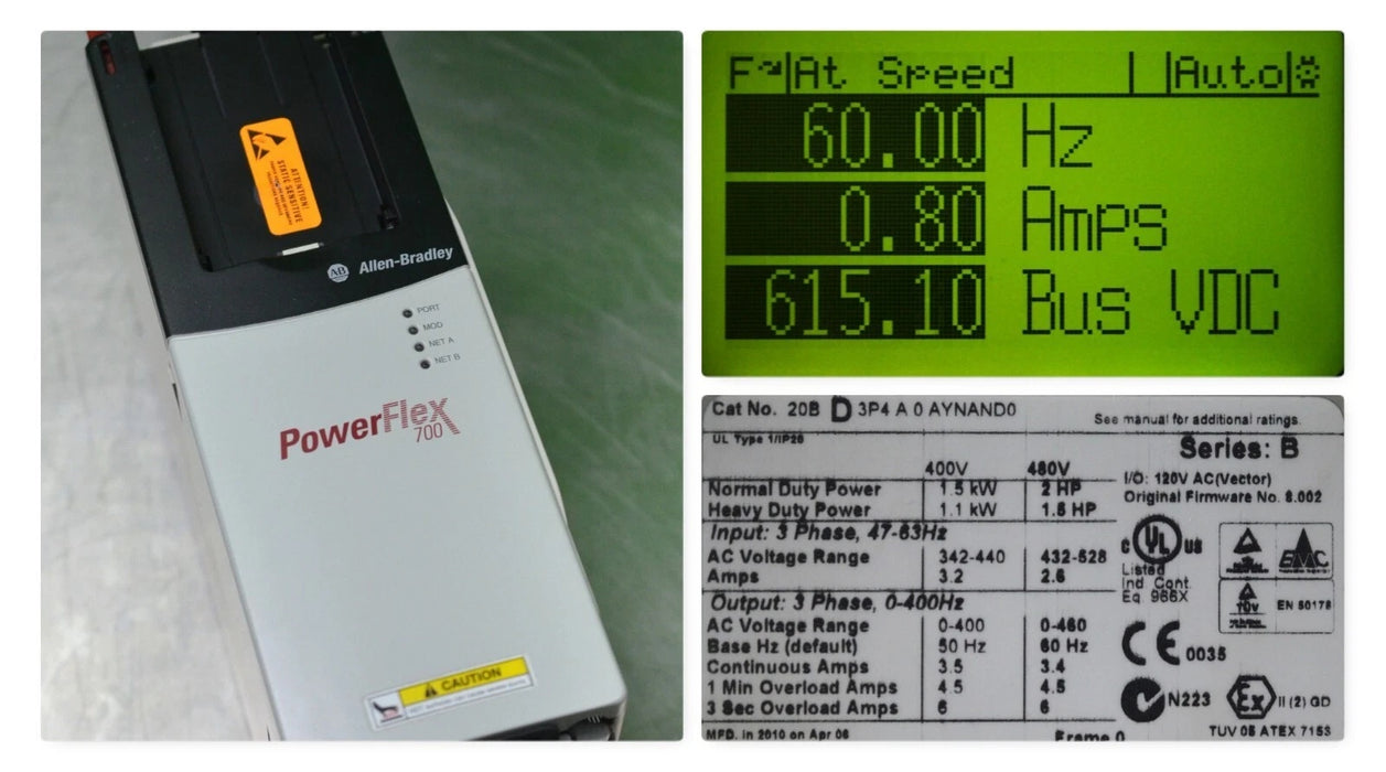Allen-Bradley PowerFlex 700 2HP 20BD3P4A0AYNAND0 Series B 480 VAC FRN: 8.002
