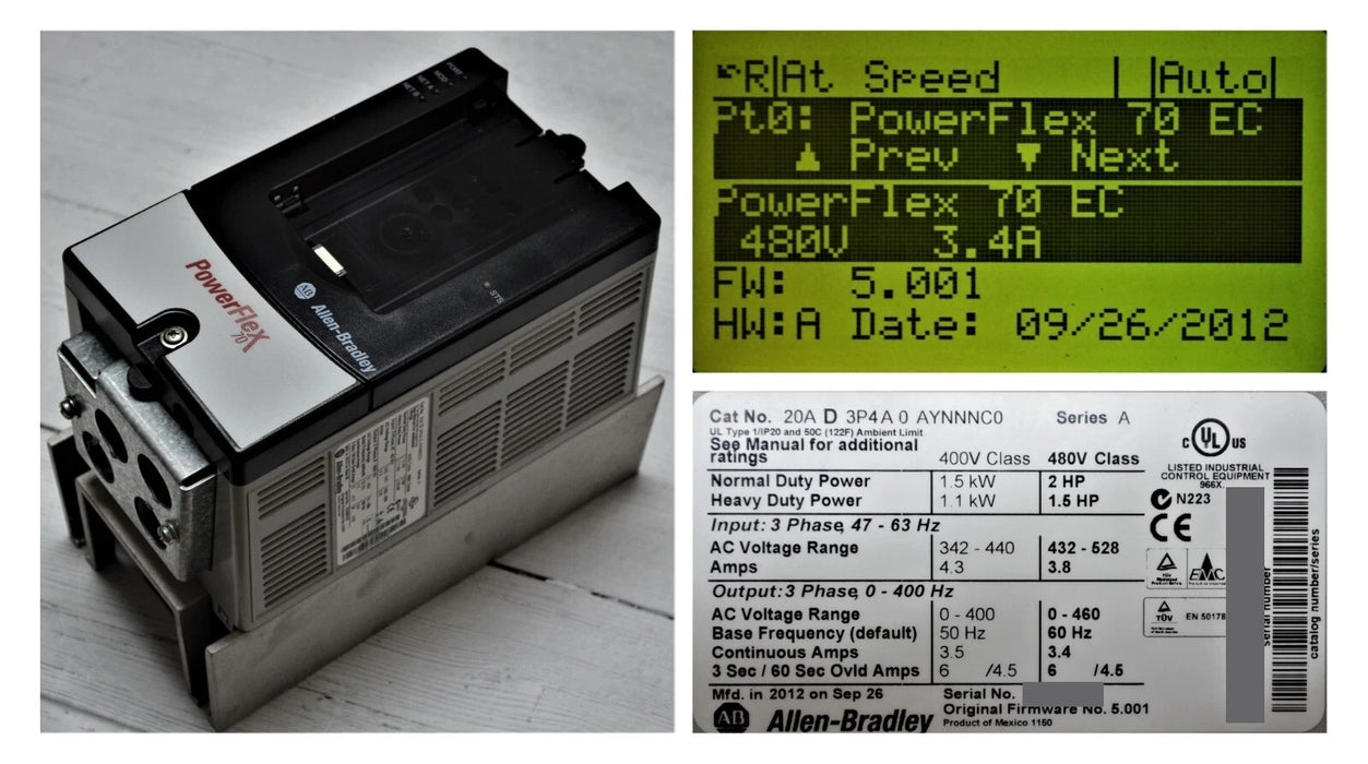 Allen-Bradley 20AD3P4A0AYNNNC0 PowerFlex 70 2 HP 480 VAC 3.4 AC Drive FRN:5.001