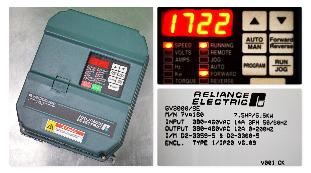 Low Run Time Reliance Electric GV3000/SE 7.5 HP 7V4160 FRN: 6.09 AC Drive Tested