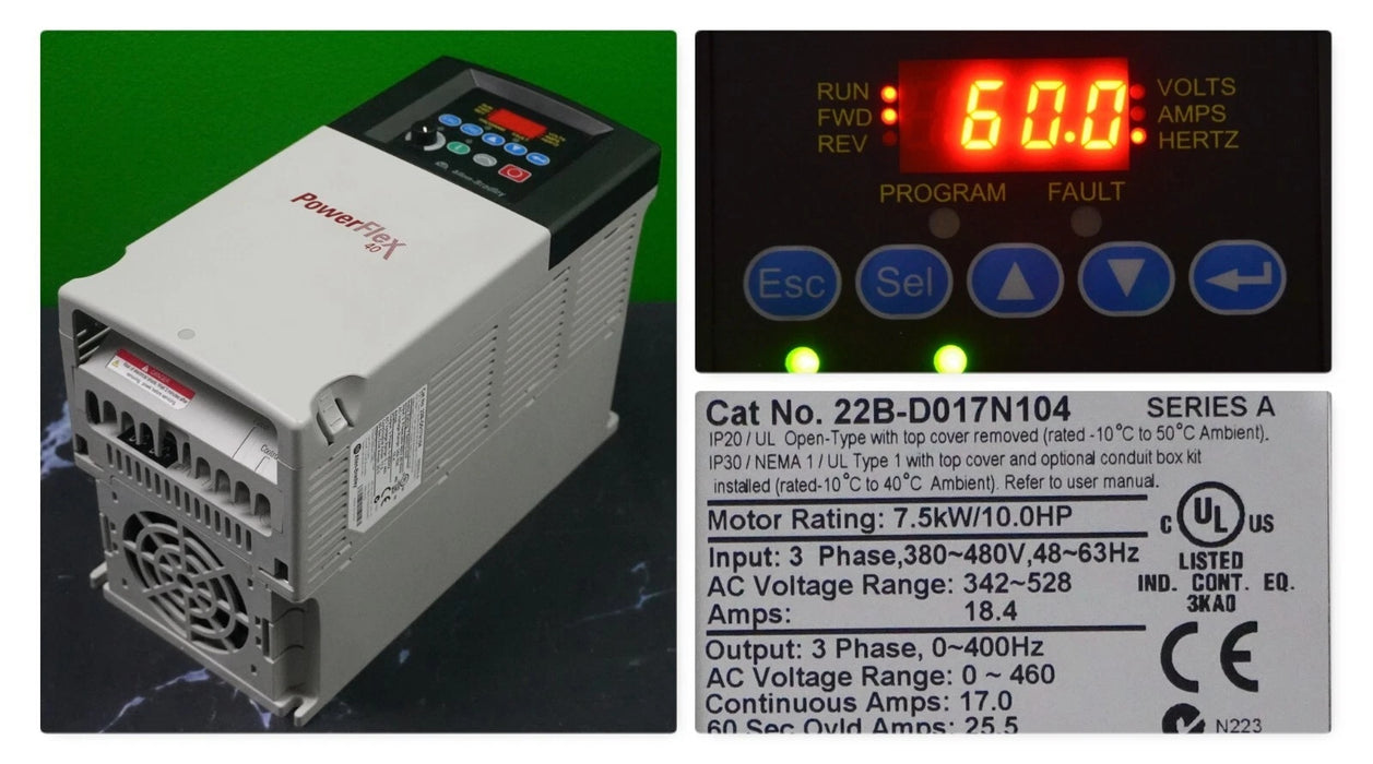 Allen-Bradley 22B-D017N104 PowerFlex 40 10 HP Ser. A Tested Good FRN:6.02