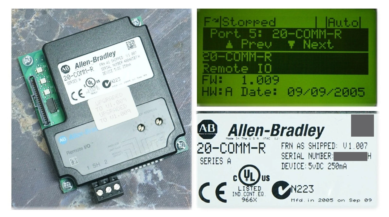 Allen Bradley 20-COMM-R Remote I/O Adapter Firmware 1.009 Tested Good
