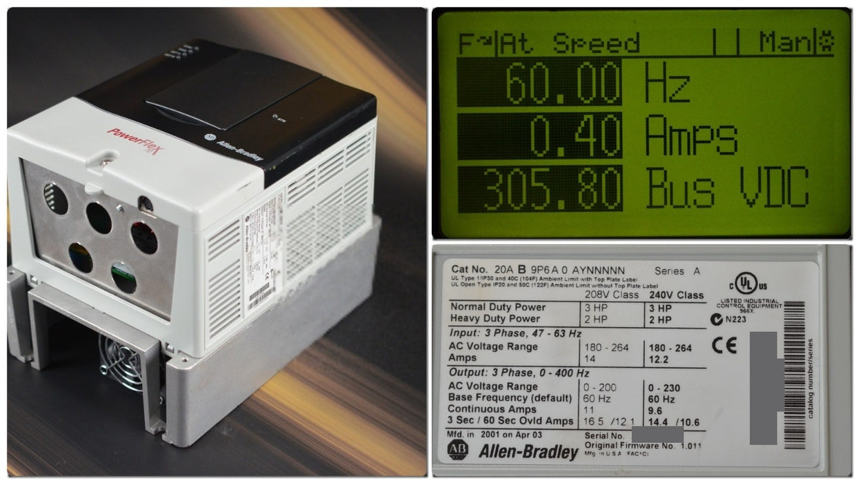 Allen-Bradley 20AB9P6A0AYNNNNN PowerFlex 70 3HP 240V VFD Tested Good