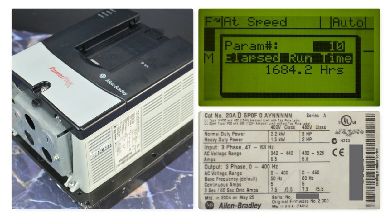 Allen-Bradley PowerFlex 70 3 HP 20AD5P0F0AYNNNNN 480 VAC Tested Good  FRN 2.009