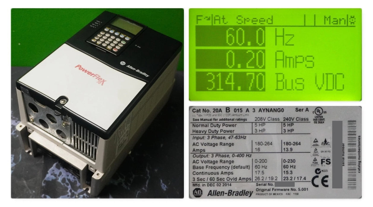 Allen Bradley PowerFlex 70 5HP 20AB015A3AYNANG0 240VAC FRN:5.001