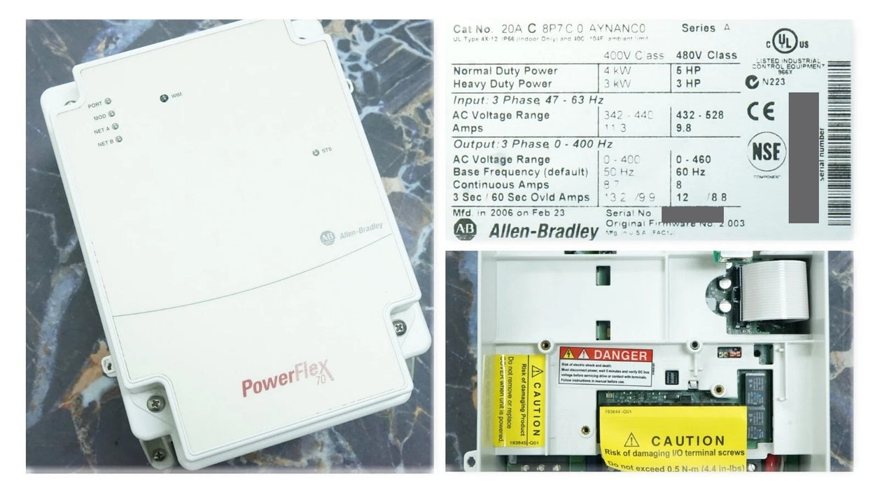 New Allen-Bradley 20AC8P7C0AYNANC0 5HP 480V Powerflex 70 FRN:2.003