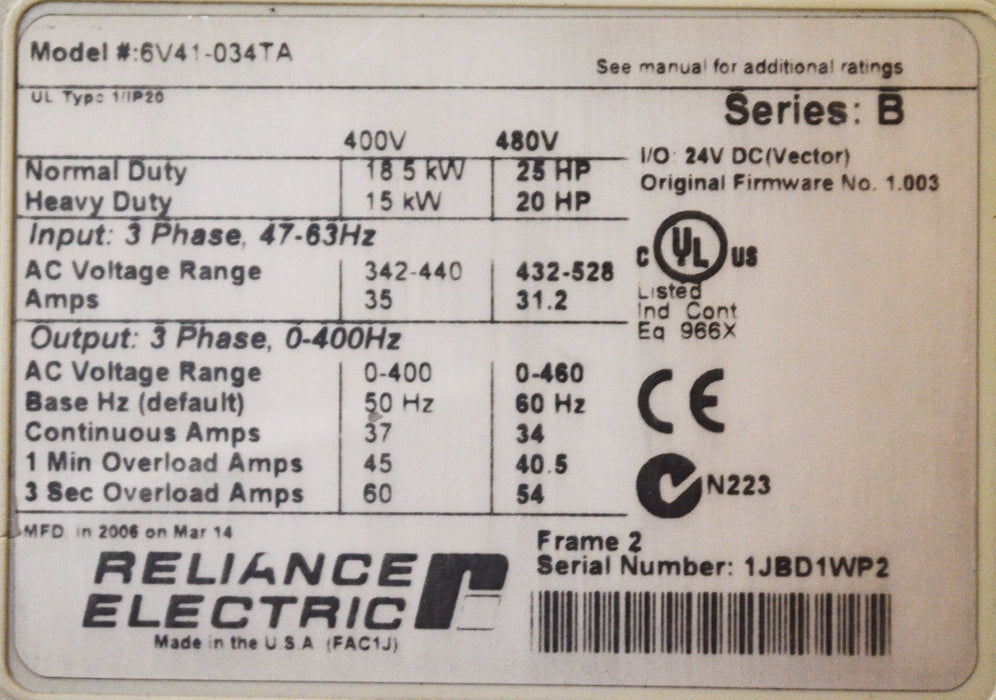 RELIANCE ELECTRIC GV6000 6V41-034TA 25 HP 480 VAC VERSION 1.003 Tested Good