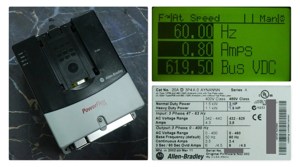 Allen-Bradley 20AD3P4A0AYNANNN PowerFlex 70 2HP 480VAC FRN:2.002