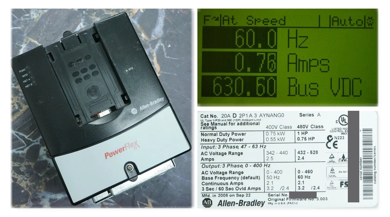 Allen-Bradley PowerFlex 70 1HP 20AD2P1A3AYNANG0 480VAC FRN:3.003 Tested
