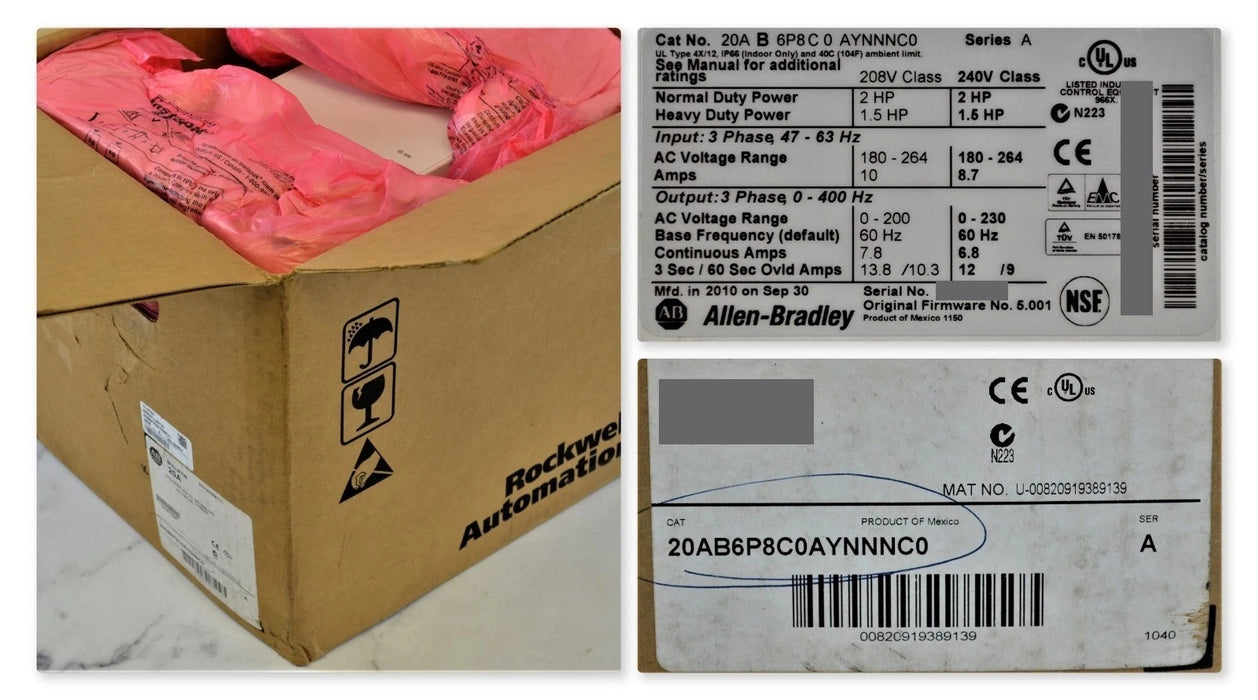 New In Box Allen-Bradley PowerFlex 70 2 HP 20AB6P8C0AYNNNC0  Mfd. 2010  240VAC